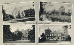 602386 Vierluik met gezichten te Nederlangbroek:- kasteel Sandenburg- kasteel Walenburg- kasteel Hinderstein- kasteel ...